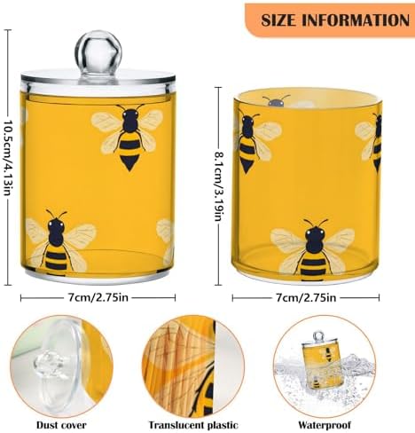 2 Pack Qtip Holder Organizer Dispenser Bees Yellow Pattern Bathroom Storage Canister Cotton Ball Holder Container for Cotton Pads/Swabs/Floss
