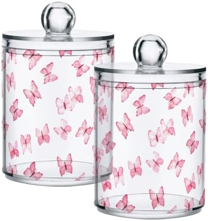 Pink Butterflies 2 Pack Qtip Holder Dispenser for Cotton Swabs, Balls, Pads Plastic Canister Set, Bathroom Jars with Lids Home Decor Vanity Organizer