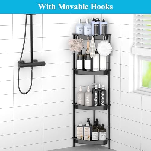 HuggieGems Metal Floor Standing Corner Shower Caddy, Jet Black, 4 Tier