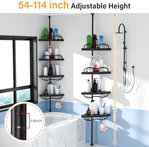 Black Corner Shower Caddy Tension Pole - Heavy Duty Rustproof Stainless Steel Shower Organizer with 4 Adjustable Shelves, No-Drill Free Standing for Bathroom, Bathtub, RV,54" to 114" Tall