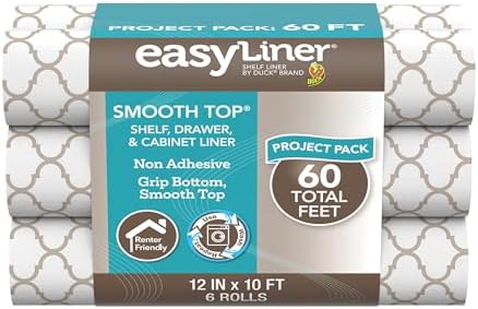 Smooth Top EasyLiner for Cabinets & Drawers, Easy to Install, Shelf Paper & Drawer Liner Non Adhesive, Non Slip Shelf Liner for Pantry, Kitchen Essentials, 12in x 10ft (6 Pack) 60 ft, Taupe Quatrefoil