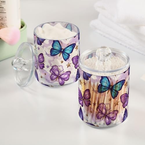 Gredecor 2 Pack Qtip Holder Clear Purple Butterflies (1) Apothecary Jars with Lids Acrylic Bathroom Jars Vanity Countertop Canister Storage Organizer for Cotton Ball,Swabs,Pads,Floss