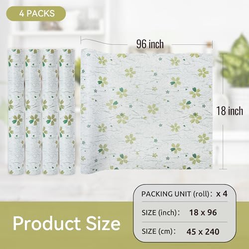 FIFTY FEET 12"x120" Non-Adhesive Shelf Liner for Kitchen Cabinets and Drawers, Washable Non-Slip PVC Cabinet Liner (Green Floral)(4 Roll)