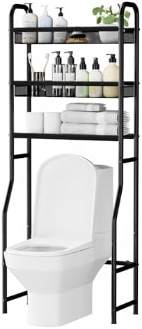 3 Tier Over The Toilet Storage Shelf, Black Bathroom Over The Toilet Storage Rack, Space Saving Above Toilet Storage Shelf with Vinyl Mesh Surface, Bathroom Toilet Shelf Rack Organizer