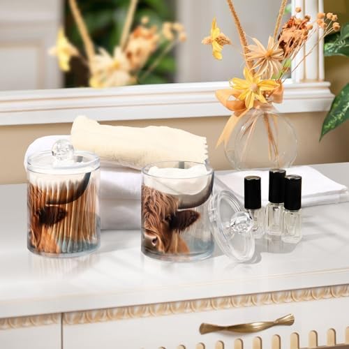 4 Pack Apothecary Jars Bathroom Highland Cow Qtip Holder Dispenser Clear Plastic Storage Canister Jar with Lid for Cotton Ball, Cotton Swab