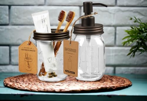 SheeChung 2 Piece Mason Jar Soap Dispenser and Toothbrush Holder Set,Bronze