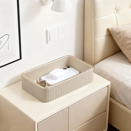 Desk Organizer Tray, PU Leather Nightstand Organizer, Beige, Small
