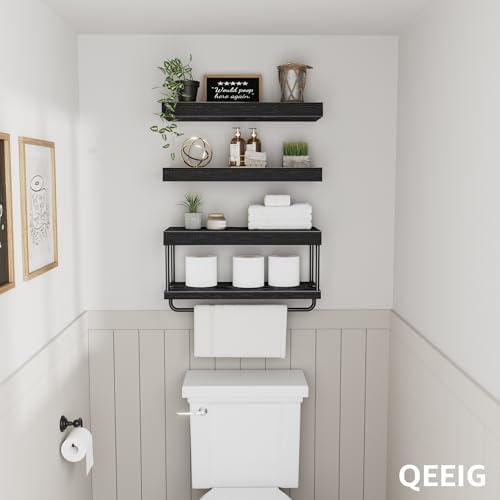 QEEIG Bathroom Floating Shelves Over Toilet (Black, Set of 3, 15.7")