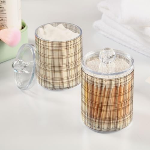ALAZA 2 Pack Qtip Holder Brown Beige Plaid Pattern, Cotton Swab Dispenser with Lid Bathroom Containers Canister Organizer Storage Jar