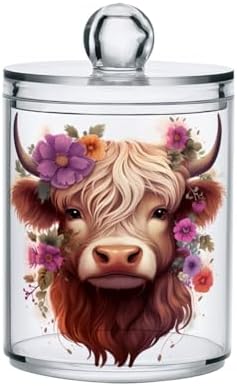 MNSRUU 2 Pack Qtip Holder Organizer Dispenser Highland Cow Pink Bathroom Storage Canister Cotton Ball Holder Bathroom Containers for Cotton Swabs/Pads/Floss