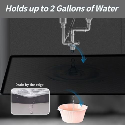 Under Kitchen Sink Mat 28" x 19", SAZTEAY Waterproof Silicone Under Sink Tray, Under Sink Protector Mat for Bathroom and Kitchen Cabinets(Black)