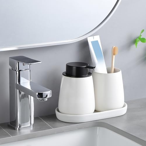 White Round Soap Dispenser Tray - 8'' Ceramic Vanity Tray for Bathroom Decorative, Jewelry Ring Dish, Comestic Holder, Kitchen Sink Countertop Organizer Plate