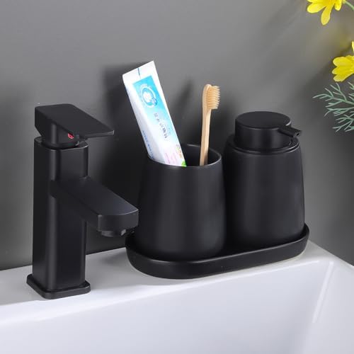 2 Pack Matte Black Round Soap Dispenser Tray - 8'' Ceramic Vanity Tray & Organizer Plate Set, Bathroom & Kitchen Countertop Decor for Soap Dispenser, Jewelry, Cosmetics, Sink