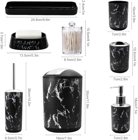 XLHOMO Black Marble Bathroom Accessories Set, Black Bathroom Set with Trash Can, Vanity Tray, Soap Dispenser, Soap Dish, Toothbrush Holder, Toothbrush Cup, Toilet Brush and Qtip Holders for Bathroom