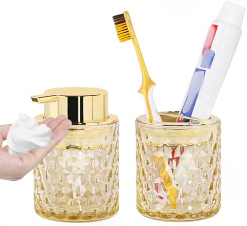 Bathroom Accessories 2 Piece Set Glass Soap Dispenser and Toothbrush Holder, 10oz Foaming Soap Dispenser, Amber Toothbrush and Toothpaste Holder Organizer Cup for Modern Bathroom Decor