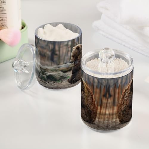 Sitting Bear Pattern Qtip Holder 2 Pack - 10 Oz Clear Plastic Apothecary Jar Set for Bathroom Organization - Versatile Canister Storage for Cotton Balls, Swabs, Rounds