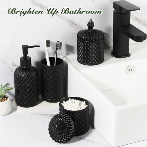 RYTOXILO Matte Black Bathroom Accessories Set, 4 Pack Black Bath Accessory Sets Complete, Diamond Glass Soap Dispenser and Toothbrush Holder Set for Countertop, Gothic Decor Organizer Essentials