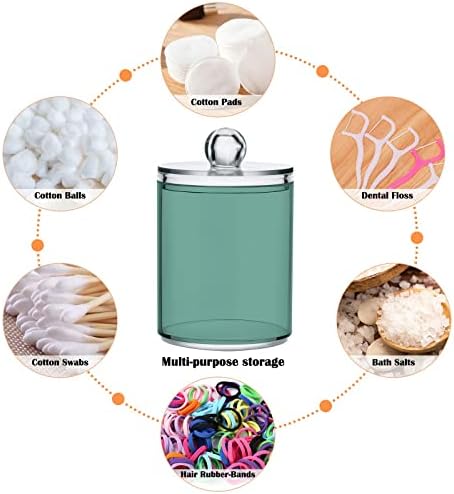 SHJI Teal Green Retro Qtip Holder Organizer Dispenser Cotton Swabs Cans Plastic Jars with Lid Set 4 Pack Bathroom Storage Canister for Cotton Ball Floss Cotton Pads