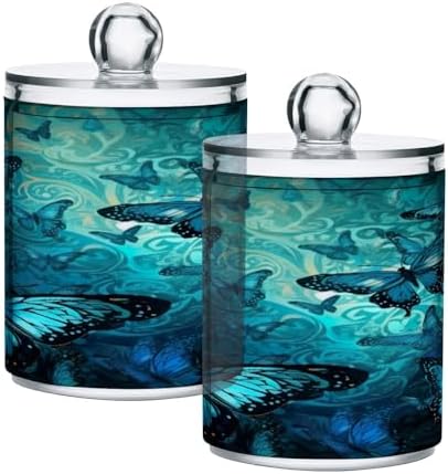 Qtip Holder Dispenser Apothecary Jars with Lids Blue Butterfly Clear Bathroom Container Cotton Swab Ball Holder 2 Pack
