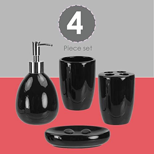 4-Piece Ceramic Bathroom Set (Black), By Home Basics | Contemporary Design Bathroom Accessory Sets | Accessories For Bathroom | Includes Soap Dish, Tumbler, Toothbrush Holder, and Lotion Dispenser