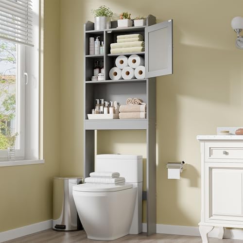 ZENY Over The Toilet Storage Cabinet, Bathroom Organizer with Adjustable Shelf and Double Doors, Freestanding Bathroom Space Saver Toilet Rack (Gray)