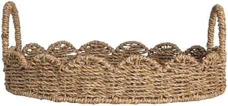 Household Essentials Round Handwoven Seagrass Tray with Scalloped Edge and Handles, Natural