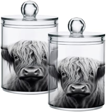 Apothecary Jars Bathroom Storage Organizer with Lid - 14 oz Qtip Holder Dispenser, Highland Cow Clear Plastic Canister for Cotton Swab, Cotton Ball, 2PCS