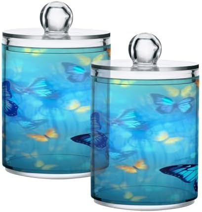 Blue Butterflies Qtip Holder 2 Pack - 10 Oz Clear Plastic Apothecary Jar Set for Bathroom Organization - Versatile Canister Storage for Cotton Balls, Swabs, Rounds