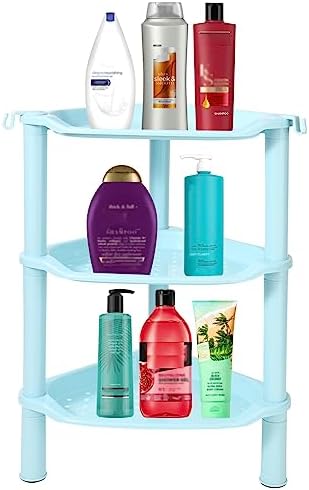 3 Tier Shower Caddy Organizer Shelf Corner, 13.5 x 10 x 26 Inches, Rustproof, Plastic Shower Rack Stands for Inside Bathroom, Bathtub, Shower pan, Blue (Round Slot Blue 3 Tier)