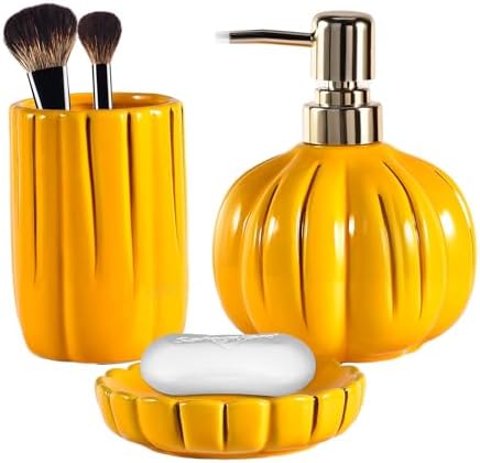 Fall Bathroom Accessories Set of 3, Thanksgiving Pumpkin Bathroom Decor, Ceramic Bathroom Sets Complete -Toothbrush Holders, Soap Dispenser, Soap Dish, Bathroom Organizer for Countertop