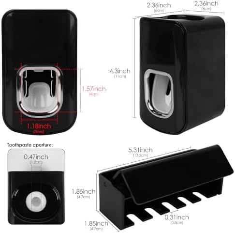 5 Slots Wall Mount Toothbrush Holder with Cover, Self Adhesive Toothbrush Storage Organizer for Shower, Toothbrush Hanger with Automatic Toothpaste Squeezer Dispenser(Black)