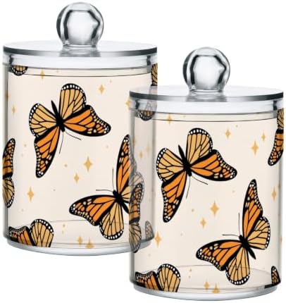 Fustylead 2 Pack Beautiful Monarch Butterflies and Glitter Stars Qtip Holder Dispensers, Plastic Apothecary Jar Bathroom Accessories Set for Cotton Ball, Swab, Round Pads, Floss