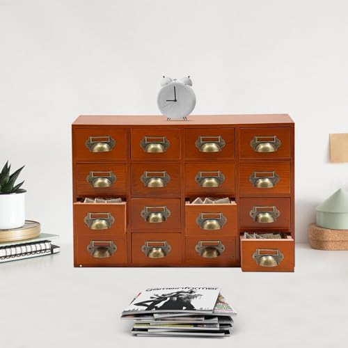 16 Drawers Apothecary Cabinet Library Card Catalog Cabinet Card Catalog Drawer with Metal Handles & Label Slot Wooden Desk Drawer Organizer for Herb Storage, Tea Collection (Brown)