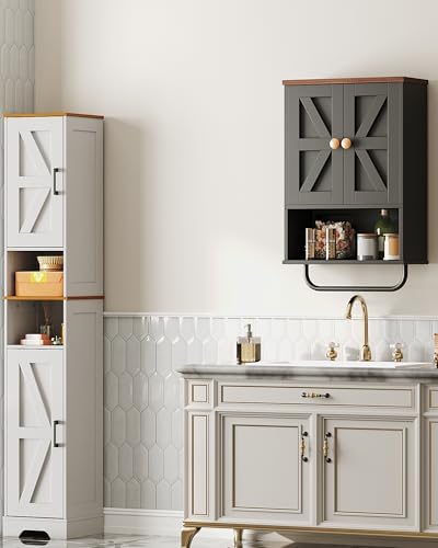 CHOEZON Bathroom Wall Cabinet, Medicine Cabinet with Open Partition and Towel Bar, Rustic Storage Cabinet with Open and Hidden Storage Space, for Bathroom, Living Room, Kitchen, Black and Walnut