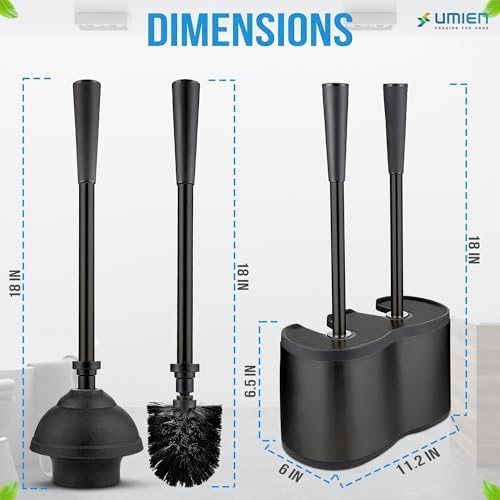 UMIEN 2-Pack Toilet Brush and Plunger Set, Matte Black, Long Handle | Toilet Brush + Plunger Combo, No-Rust Stainless Steel, Long Handle, Freestanding Canister