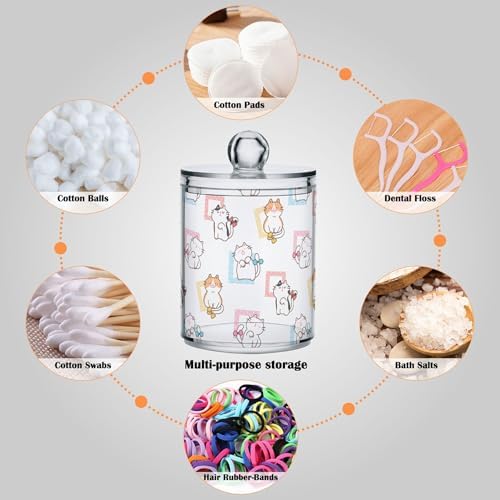 2 Pack Plastic Qtips Holder Cat Animal Cartoon Cute Bathroom Organizer Canisters for Cotton Balls/Swabs/Pads/Floss,Plastic Apothecary Jars for Vanity