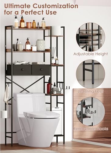 Over The Toilet Storage Rack, 7-Tier Over Toilet Bathroom Organizer with Adjustable Shelf, Above Toilet Storage with Hooks, Space-Saving, Brown Shelf
