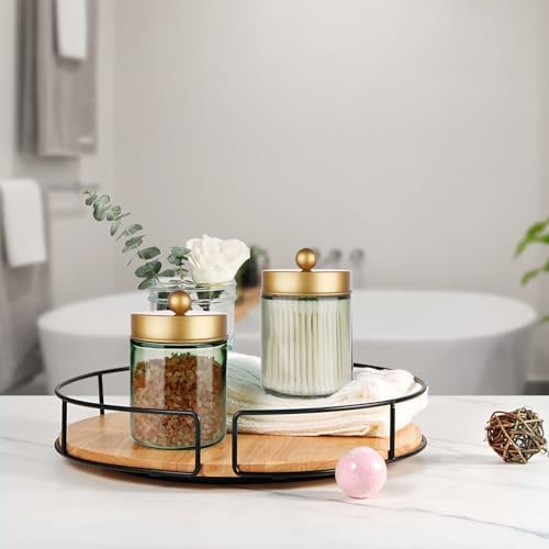 Amolliar Green Glass Apothecary Jar, Qtip Holder Bathroom Decor, Gold 2Pack