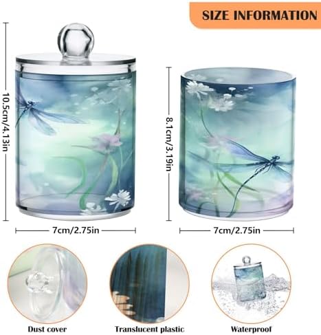 2 Pack Apothecary Jars Bathroom Watercolor Dragonflies Qtip Holder Dispenser Clear Plastic Storage Canister Jar with Lid for Cotton Ball, Cotton Swab