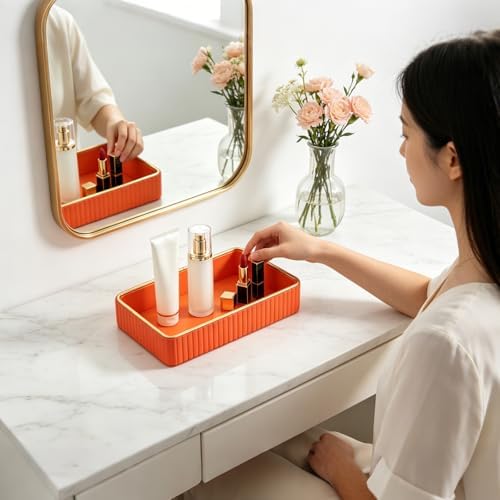PU Leather Valet Tray,Desk Organizer Tray Nightstand Organizer Trinket Dish Storage Key Bowl Decorative Trays for Phone Wallet Jewelry Watch Bathroom Bedroom Perfume Vanity Trays,Orange