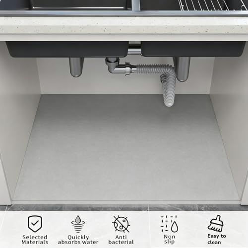Under Sink Mats-39" x 31" (Cut-to-Fit) Absorbent Shelf Liner for Kitchen&Bathroom Cabinets | Non-Slip, Quick-Dry Cabinet Liner for Under Sink, Vanity & Utility Storage (Light Grey,39''x31'')