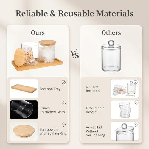 Glass Qtip Holder with Vanity Tray, Bathroom Tray Organizer Glass Qtip Holder, Cotton Round-Holder Glass-Apothecary Jars with Lids for Cotton Ball Round Swab Pad Hair Ties Floss Perfume Jewelry