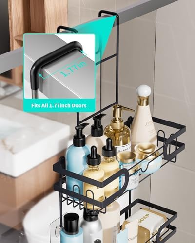 HapiRm Hanging Shower Caddy Over the Door with 14 Hooks and Soap Holder, No Drilling Adhesive Shower Storage, Rustproof & Waterproof Stainless Steel Bathroom Shelves - Black