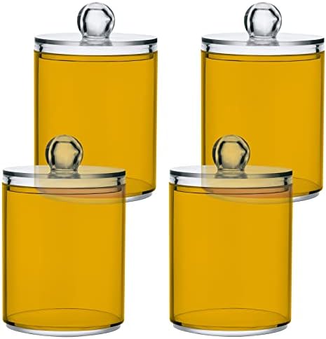 SHJI Mustard Yellow Qtip Holder Organizer Dispenser Cotton Swabs Cans Plastic Jars with Lid Set 2 Pack Bathroom Storage Canister for Cotton Ball Floss Cotton Pads