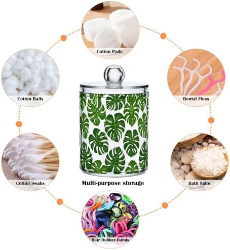 ALAZA 2 Pack Qtip Holder Monstera Leaf Seamless Pattern, Cotton Swab Dispenser with Lid Bathroom Containers Canister Organizer Storage Jar