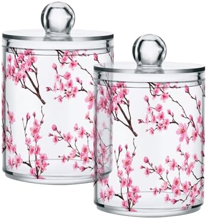 DOMIKING Cherry Blossom Branch White 2 Pack Cotton Swab Holder Dispenser Plastic Jar Bathroom Storage Canister Acrylic Containers for Cotton Ball Floss Picks Hair Clips