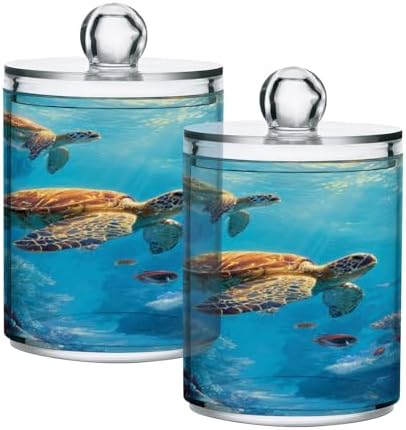 Sea Turtles Qtip Holder Apothecary Jars Bathroom Storage Floss Makeup Organizer for Cotton Ball Swab Acrylic 2 Packs