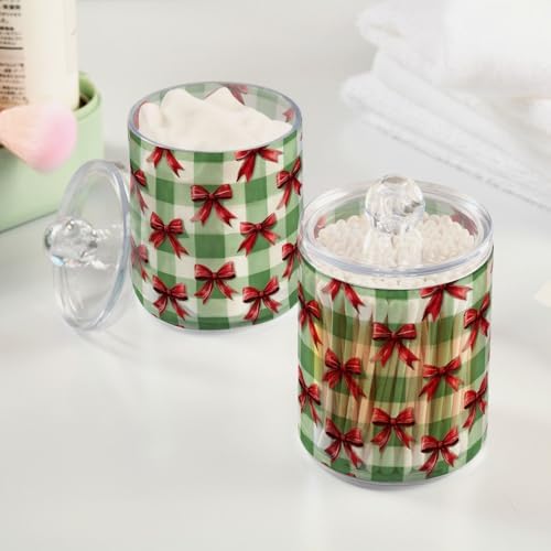 Gredecor 4 Pack Qtip Holder Clear Green Plaid with A Red Bow Apothecary Jars with Lids Acrylic Bathroom Jars Vanity Countertop Canister Storage Organizer for Cotton Ball,Swabs,Pads,Floss