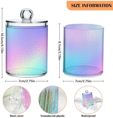 2 PACK Hologram Iridescent Foil Effect Qtip Holder Dispenser for Cotton Swab, Cotton Round Pads, Floss Picks - Plastic Apothecary Jar Set for Bathroom Canister Storage Organization