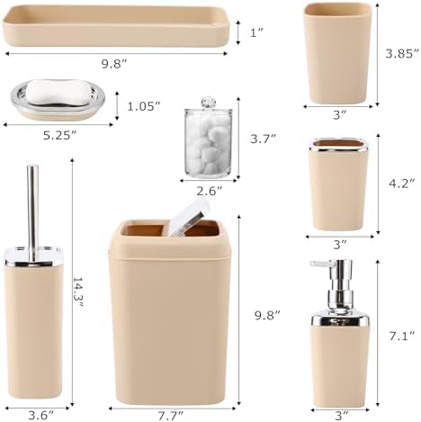XLHOMO Beige Bathroom Set, Plastic 9-Piece Bathroom Set with Trash Can, Soap Dispenser, Toothbrush Holder, Toothbrush Cup, Soap Dish, Toilet Brush, Tray and Q-tip Holders for Bathroom/Housewarming